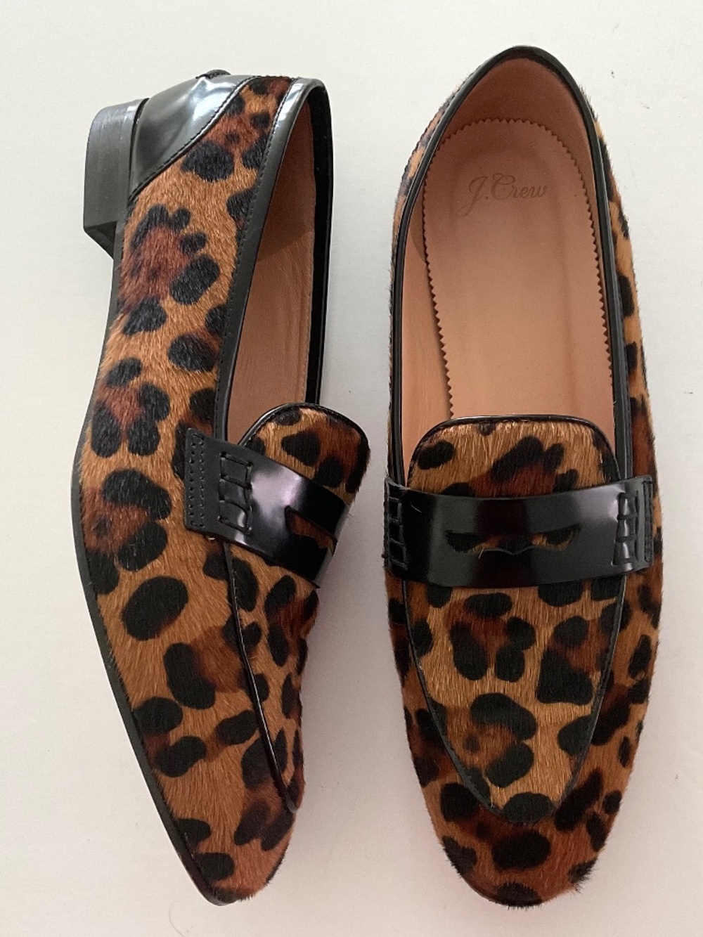 J.CREW Academy Penny Loafers in Leopard Calf Hair Size 8.5